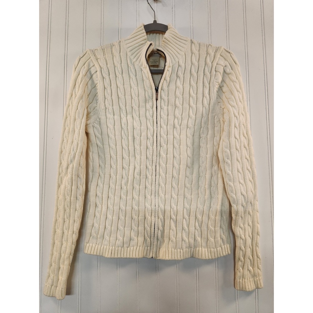 LL Bean Womens Small Cream Cable Knit Full Zip Cotton Cardigan Sweater Preppy